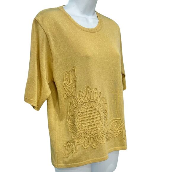 Vintage 90s Sunflower Embellished Yellow Shimmer Baby Tee Short Sleeve sz M / L - Picture 5 of 11